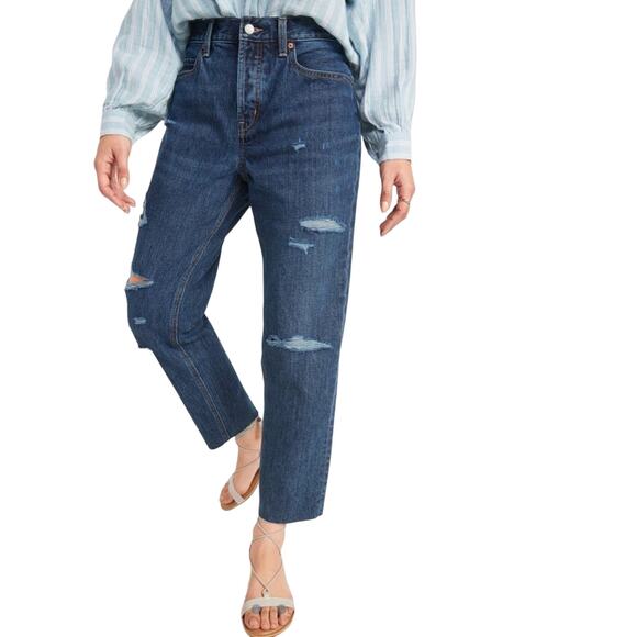 NEW OLD NAVY Blue Distressed High Waisted Button Fly Straight Leg Denim Jeans 8 - Picture 7 of 13